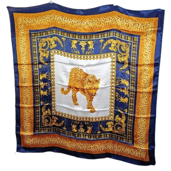 Egyptian Leopard Animal Print Sq Neck Scarf Navy Gold Satin Purse Table 36/38'